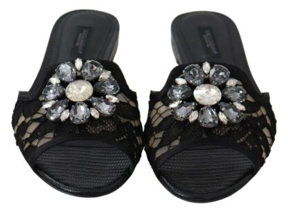 Dolce & Gabbana - Elegant Black Lace Mules with Jewel Flower Detail