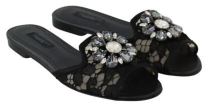 Dolce & Gabbana - Elegant Black Lace Mules with Jewel Flower Detail