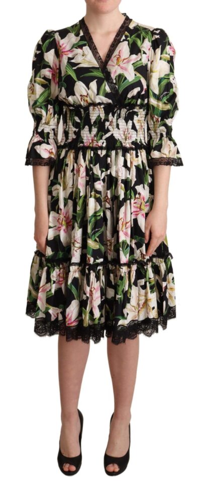 Dolce & Gabbana - Elegant Lily Print Midi Dress with Lace Trim