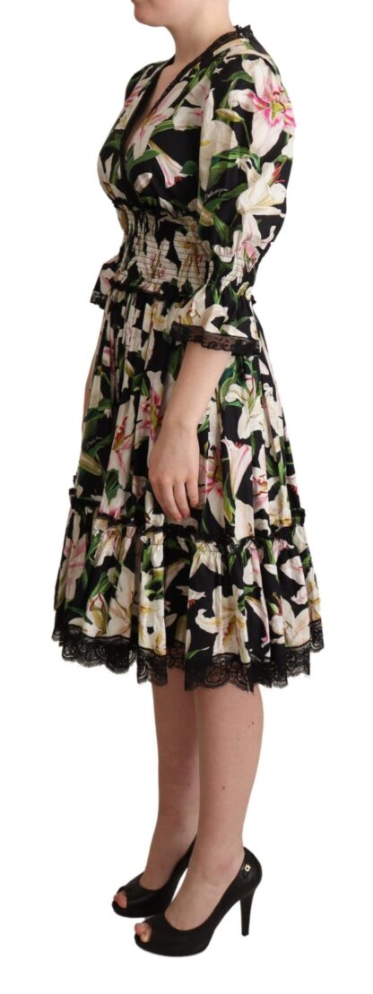 Dolce & Gabbana - Elegant Lily Print Midi Dress with Lace Trim