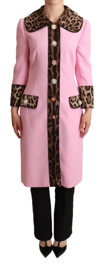 Dolce & Gabbana - Chic Pink Leopard Trench with Crystal Buttons