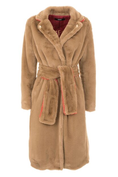 Imperfect - Elegant Beige Faux Fur Coat with Belt Closure