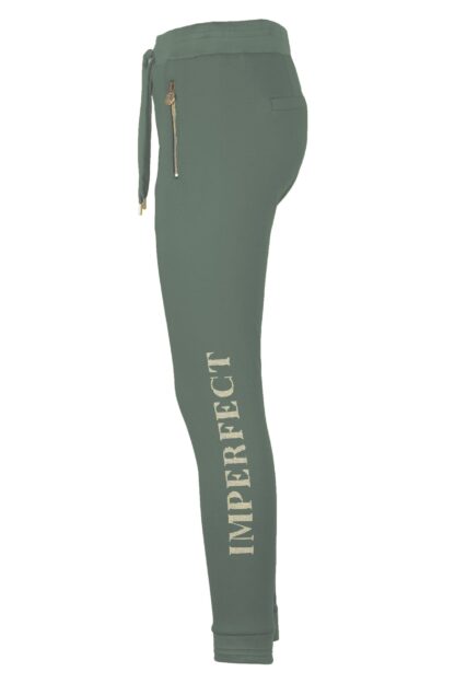 Imperfect - Chic Green Stretch Sweatpants with Brass Accent