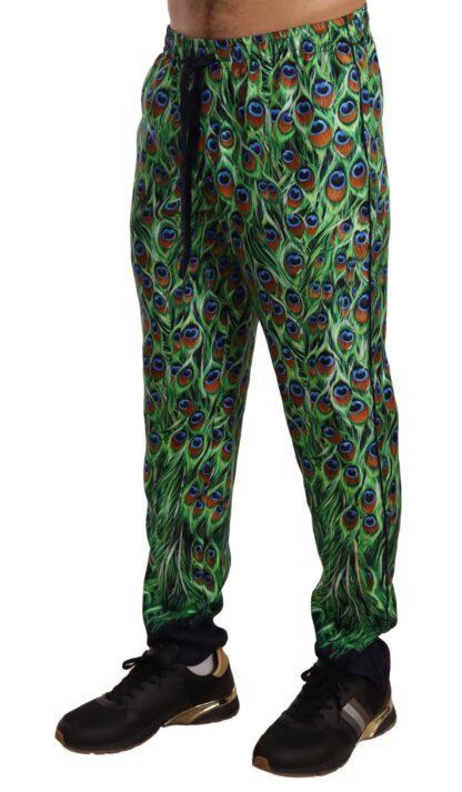 Dolce & Gabbana - Elegant Green Silk Lounge Trousers with Peacock Print