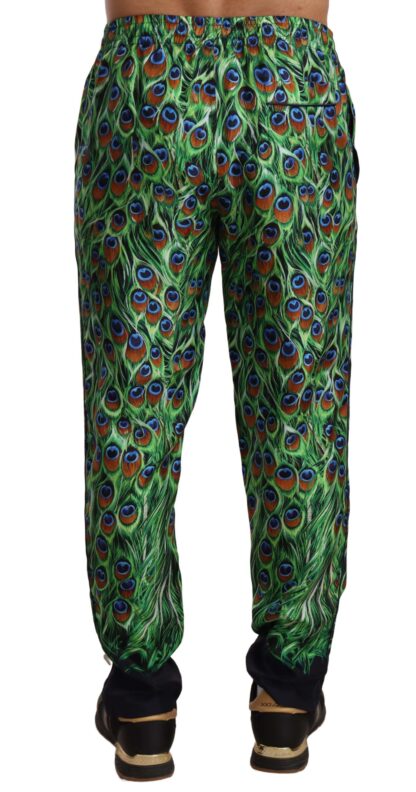 Dolce & Gabbana - Elegant Green Silk Lounge Trousers with Peacock Print