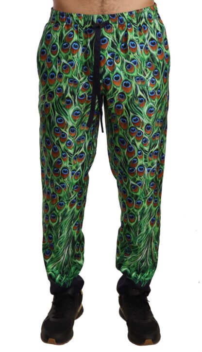 Dolce & Gabbana - Elegant Green Silk Lounge Trousers with Peacock Print