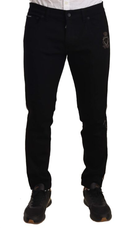 Dolce & Gabbana - Heraldic Embroidered Slim Fit Black Jeans