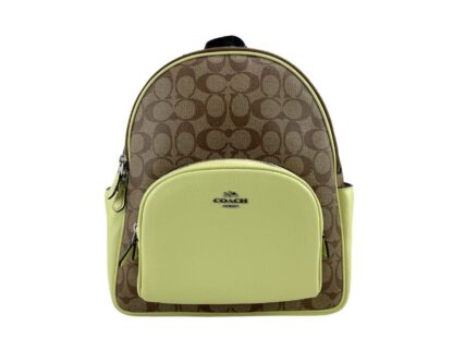 COACH - (5671) Court Signature Leather Khaki/Pale Lime Medium Backpack Bookbag Bag