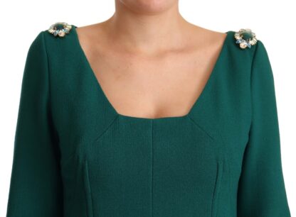 Dolce & Gabbana - Emerald Green Midi Sheath Dress with Crystal Brooch