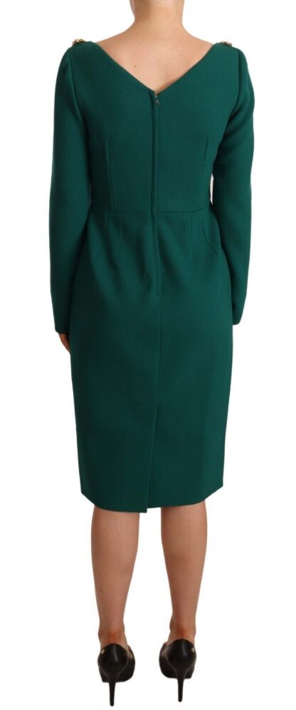 Dolce & Gabbana - Emerald Green Midi Sheath Dress with Crystal Brooch