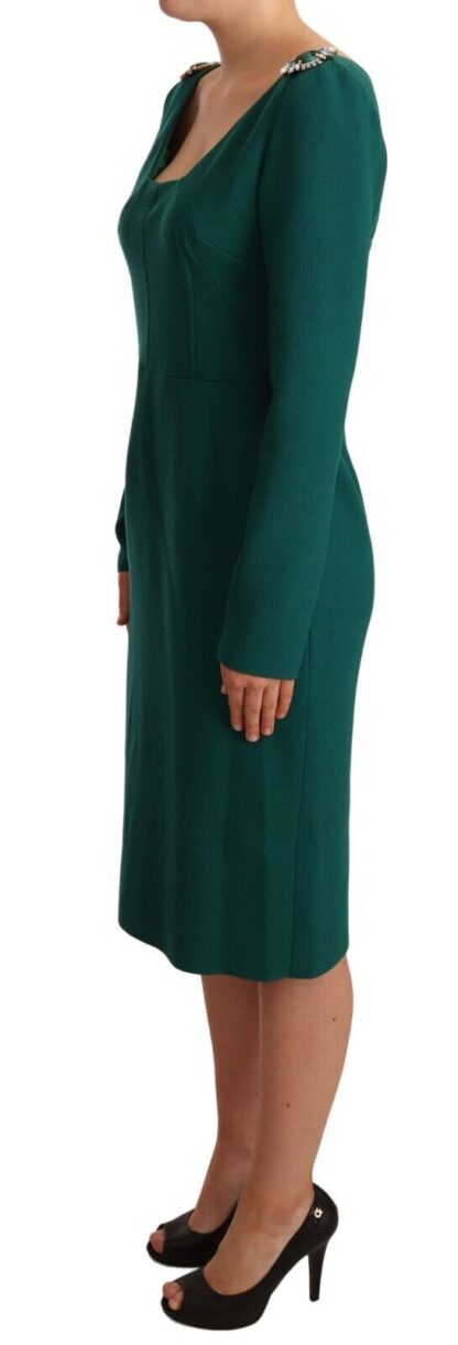 Dolce & Gabbana - Emerald Green Midi Sheath Dress with Crystal Brooch