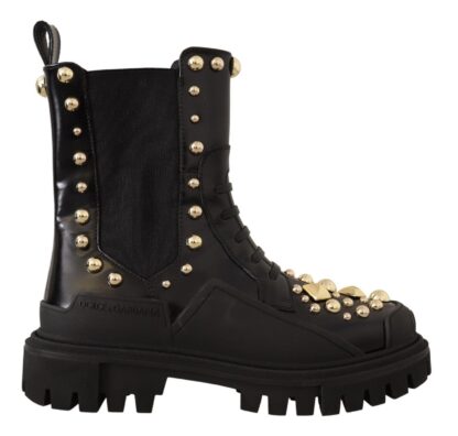 Dolce & Gabbana - Studded Leather Combat Boots with Embroidery