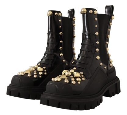 Dolce & Gabbana - Studded Leather Combat Boots with Embroidery