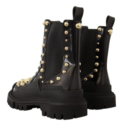 Dolce & Gabbana - Studded Leather Combat Boots with Embroidery