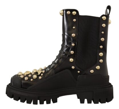 Dolce & Gabbana - Studded Leather Combat Boots with Embroidery