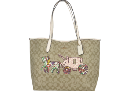 COACH - (CA607) Large Khaki Horse Carriage Graphic Signature City Tote Handbag