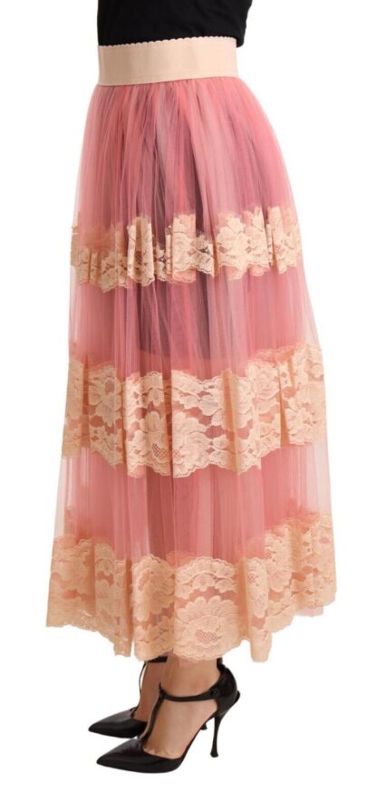 Dolce & Gabbana - Elegant Pink High Waist Lace Midi Skirt