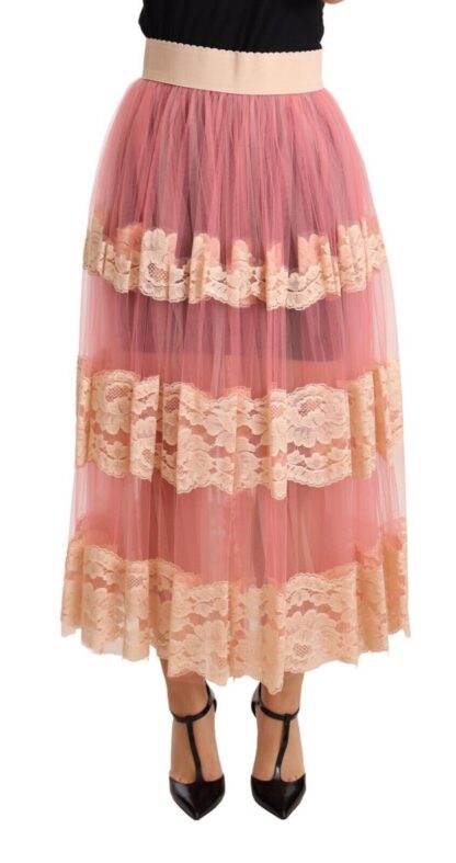 Dolce & Gabbana - Elegant Pink High Waist Lace Midi Skirt