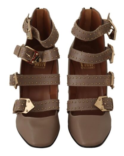 MY TWIN - Elegant Leather Multi-Buckle Heels in Brown