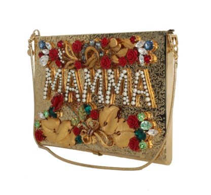 Dolce & Gabbana - Elegant Gold Evening Box Clutch with Red Roses