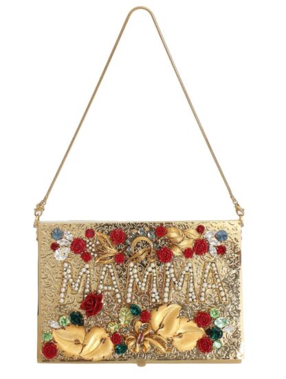 Dolce & Gabbana - Elegant Gold Evening Box Clutch with Red Roses