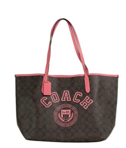 COACH - Varsity Brown Watermelon Signature Canvas City Tote Handbag Purse