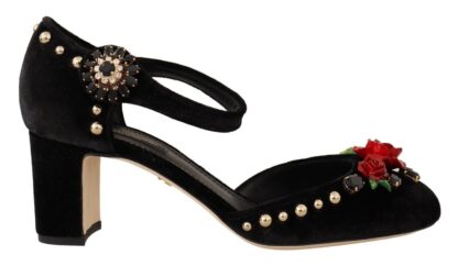 Dolce & Gabbana - Elegant Velvet Studded Heels with Floral Accent