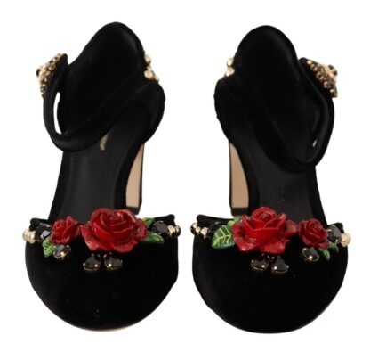 Dolce & Gabbana - Elegant Velvet Studded Heels with Floral Accent