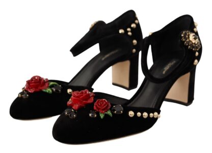 Dolce & Gabbana - Elegant Velvet Studded Heels with Floral Accent