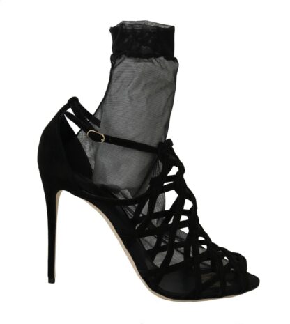 Dolce & Gabbana - Black Suede Tulle Ankle Boot Sandals