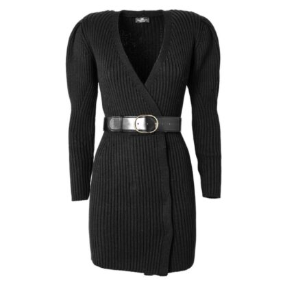 Elisabetta Franchi - Elegant Long-Sleeved V-Neck Knit Dress with Belt