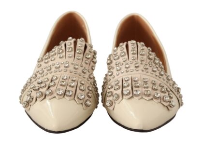 - Embellished Crystal Leather Loafers - Off White