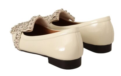 - Embellished Crystal Leather Loafers - Off White