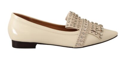 - Embellished Crystal Leather Loafers - Off White