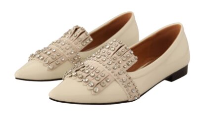 - Embellished Crystal Leather Loafers - Off White