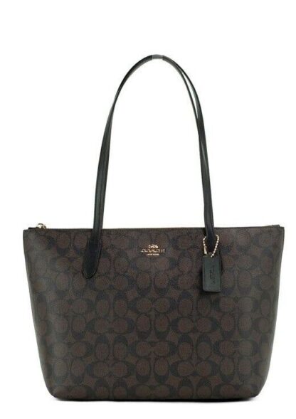 COACH - Brown Black Signature Canvas Medium Shoulder Tote Handbag Purse