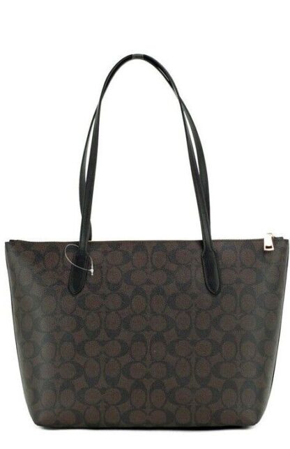 COACH - Brown Black Signature Canvas Medium Shoulder Tote Handbag Purse