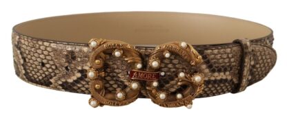 Dolce & Gabbana - Elegant Beige Python & Leather Belt with Pearl Accents