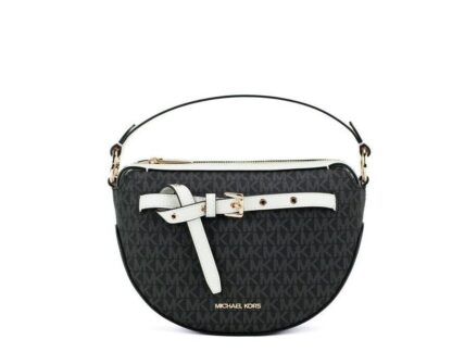 Michael Kors - Emilia Black White Signature PVC Small Half Moon Crossbody Handbag