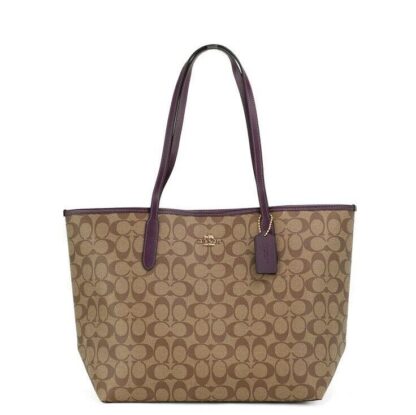 COACH - Signature Coated Canvas Khaki Boysenberry City Tote Shoulder Bag