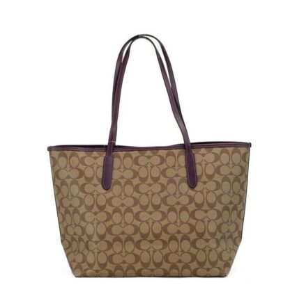 COACH - Signature Coated Canvas Khaki Boysenberry City Tote Shoulder Bag