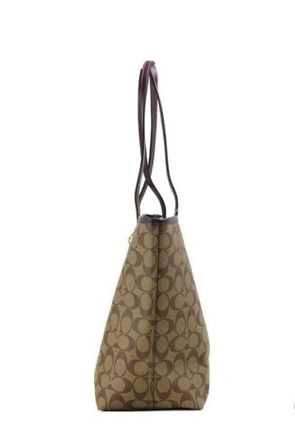 COACH - Signature Coated Canvas Khaki Boysenberry City Tote Shoulder Bag