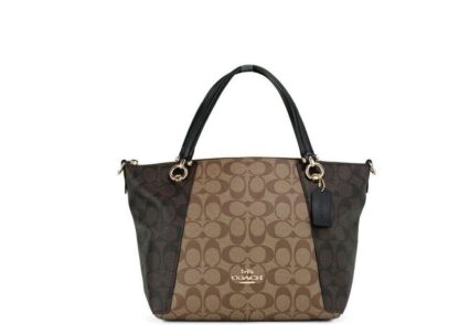 COACH - Kacey Khaki Brown Blocked Signature Canvas Top Zip Satchel Handbag