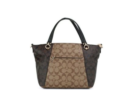 COACH - Kacey Khaki Brown Blocked Signature Canvas Top Zip Satchel Handbag