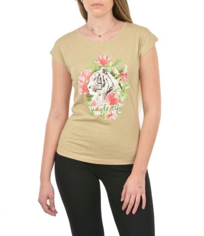 Yes Zee - Beige Tiger Print Tee with Brass Accents