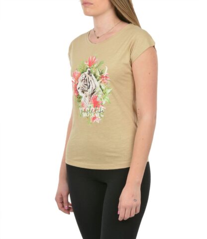 Yes Zee - Beige Tiger Print Tee with Brass Accents