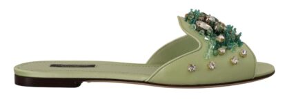 Dolce & Gabbana - Elegant Crystal-Embellished Green Leather Slides