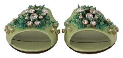 Dolce & Gabbana - Elegant Crystal-Embellished Green Leather Slides