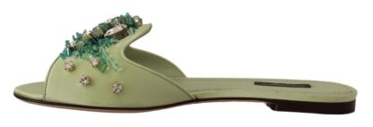 Dolce & Gabbana - Elegant Crystal-Embellished Green Leather Slides