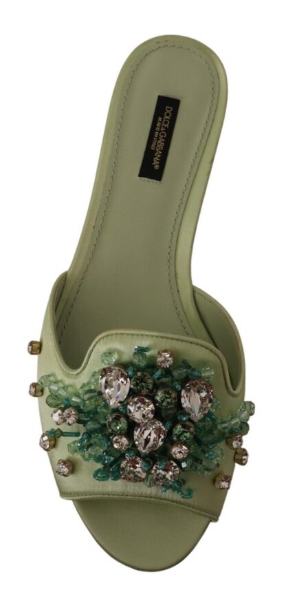 Dolce & Gabbana - Elegant Crystal-Embellished Green Leather Slides